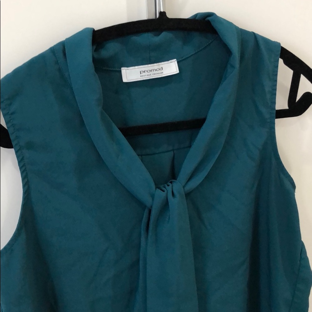 Teal Button Up Blouse with Ribbon Collar - Picture 2 of 4